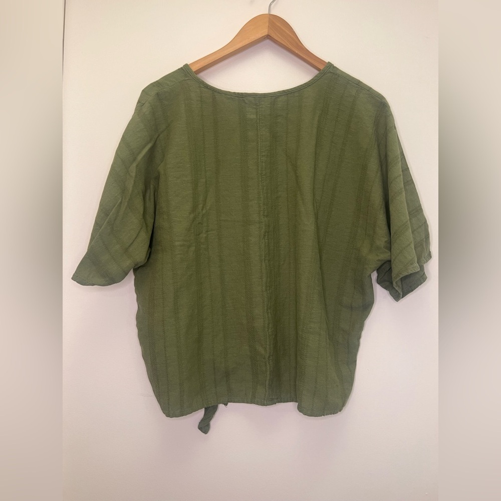 Olive Green Linen Blend Tie Front Top Lightweight Coastal Boho Blouse - Picture 5 of 6